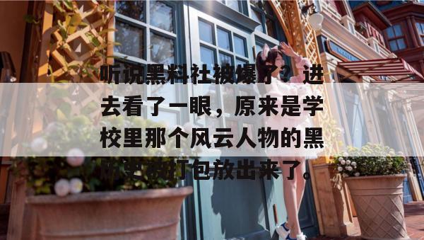 听说黑料社被爆了?进去看了一眼,原来是学校里那个风云人物的黑历史被打包放出来了。 听说黑料社被爆了?进去看了一眼,原来是学校里那个风云人物的黑历史被打包放出来了。